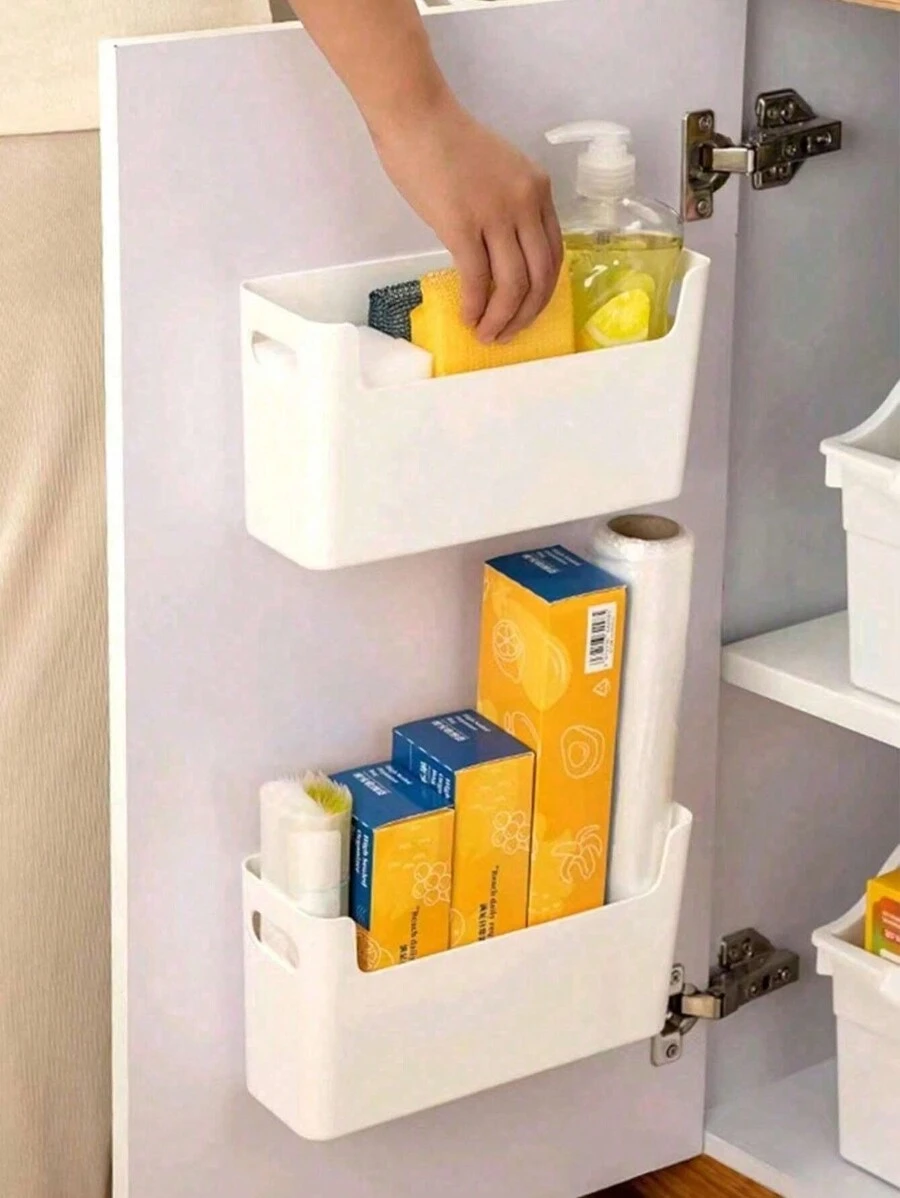 1pc,Kitchen Cabinet Door Inside Storage Box Wall Hanging Perforation-Free Plastic Wrap Hanging Rack In Cabinet Bathroom Bathroom Storage Rack Back To School - White - View 1