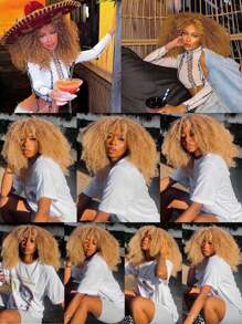 10-16英寸渐变金色卷发假发，蓬松合成假发，适合春季，短刘海假发，耐热纤维刘海假发，高密度时尚角色扮演假发 - 漸變金色 - 查看 8