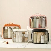 Bolsa de cosméticos transparente de PU, organizador de viaje de gran capacidad para maquillaje, artículos de tocador, gimnasio, natación, almacenamiento de maquillaje, accesorios de viaje, bolsa para brochas, contenedor de maquillaje, artículos esenciales de viaje, accesorios para damas, cosas de viaje, esenciales de vacaciones de verano, bolsa de aseo, bolso de mano