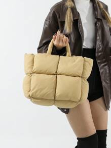 1 件卡其色尼龙休闲简约绗缝加厚大容量防水拉链手提包，适合秋冬季、青少年、大学生、通勤、购物、旅行、礼物 - 卡其色 - 查看 4