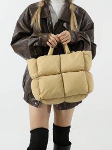 1 件卡其色尼龙休闲简约绗缝加厚大容量防水拉链手提包，适合秋冬季、青少年、大学生、通勤、购物、旅行、礼物 - 卡其色 - 查看 5