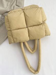 1 件卡其色尼龙休闲简约绗缝加厚大容量防水拉链手提包，适合秋冬季、青少年、大学生、通勤、购物、旅行、礼物 - 卡其色 - 查看 9