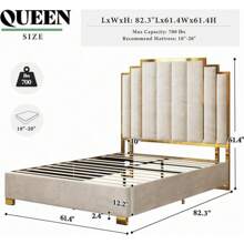 Merluxy Queen Size Upholstered Bed, Modern Velvet Bed Frame With 61.4" Tall Gold Trim Headboard, No Box Spring Needed, Cream - 米色 - 查看 6