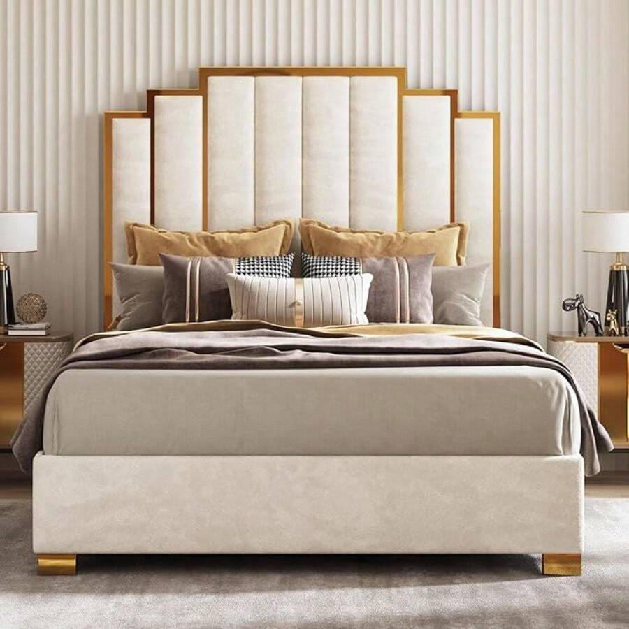 Merluxy Queen Size Upholstered Bed, Modern Velvet Bed Frame With 61.4" Tall Gold Trim Headboard, No Box Spring Needed, Cream - 米色 - 查看 1