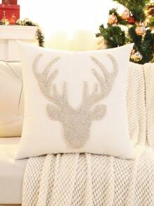 Miater 1件/2件装圣诞装饰枕套，毛绒刺绣圣诞鹿头，乡村风格装饰，适用于客厅、沙发、卧室，节日礼物，奶油色 - 米色 - 查看 14