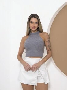 Women's Sleeveless Cropped Modal Top With High Neck Textured Knit - Grey - View 2