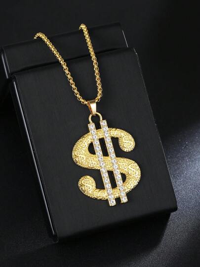 1pc Exaggerated European & American Fashion Dollar Sign Pendant Necklace, Hip-Hop Plated Golden Dollar Sign Pendant, Stainless Steel Sweater Chain, Birthday/Holiday Gift, Unisex Casual Wear