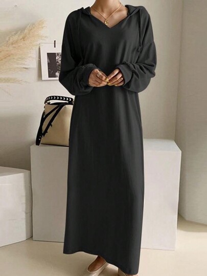 Plus Size Hooded Casual Sweatshirt Dress With Real Pockets, 180G Knit Fabric, Relaxed Style Hooded Dress