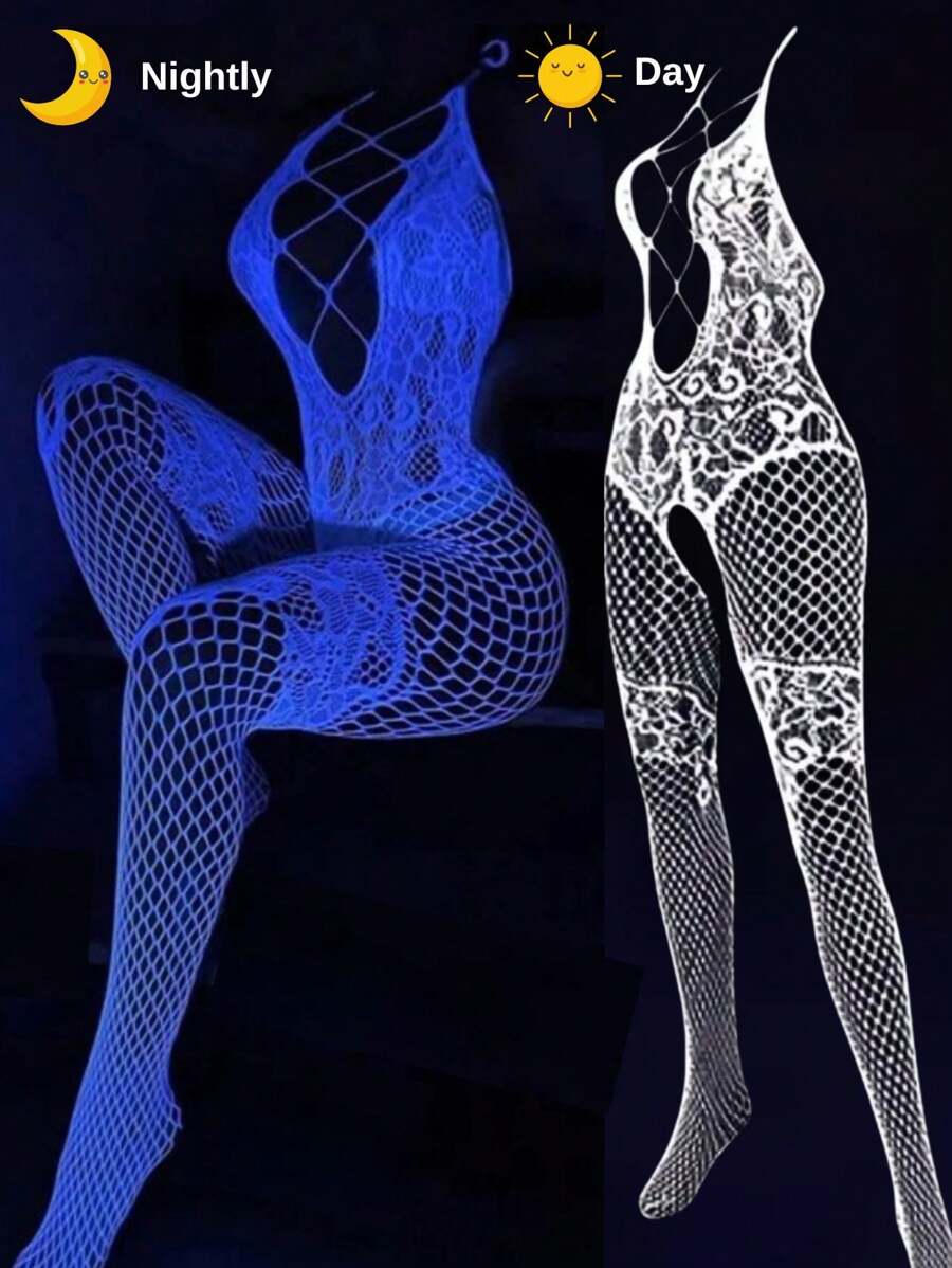 1pc Women Glowing Fishnet Stockings - Luminous In The Dark Fishnet Tights, Semi-Sheer Mesh Bodysuits For Clubs, Hollow Fishnet Design, Tight Bodysuits, Sexy Lingerie For Women, Suitable For Halloween, Christmas, Music Festivals, Parties, Nightclubs - 白色 - 查看 1