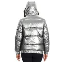 Chaqueta acolchada con cremallera completa y capucha desmontable de pelo para mujeres - Plateado - Ver 5