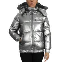 Chaqueta acolchada con cremallera completa y capucha desmontable de pelo para mujeres - Plateado - Ver 3