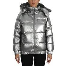 Chaqueta acolchada con cremallera completa y capucha desmontable de pelo para mujeres - Plateado - Ver 2