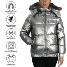 Chaqueta acolchada con cremallera completa y capucha desmontable de pelo para mujeres - Plateado - Ver 7