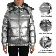 Chaqueta acolchada con cremallera completa y capucha desmontable de pelo para mujeres - Plateado - Ver 6