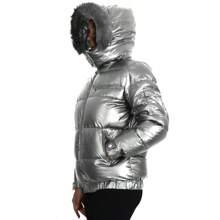 Chaqueta acolchada con cremallera completa y capucha desmontable de pelo para mujeres - Plateado - Ver 4