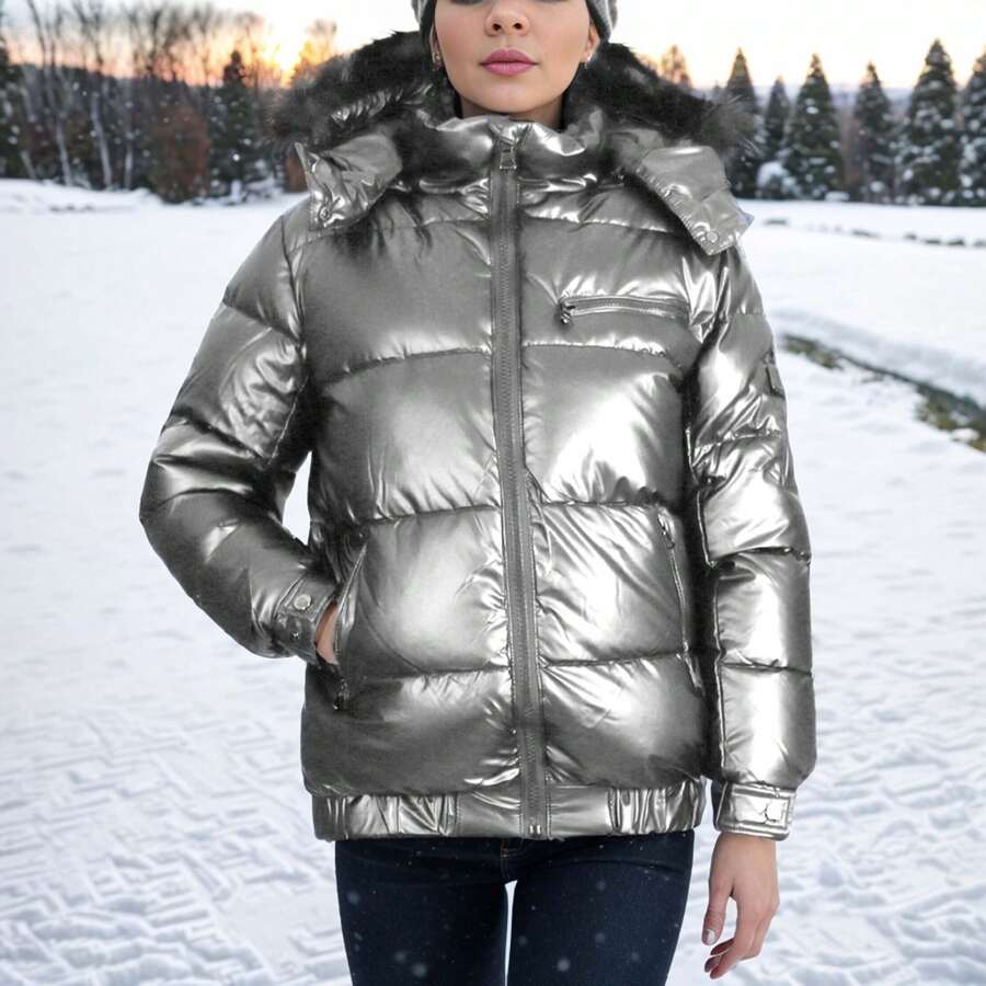 Chaqueta acolchada con cremallera completa y capucha desmontable de pelo para mujeres - Plateado - Ver 1