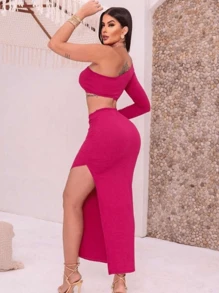 Women's Dress Mula Manca Mido Long Tight Side Slit Ribbed Gringa Fashion - 粉色 - 查看 4