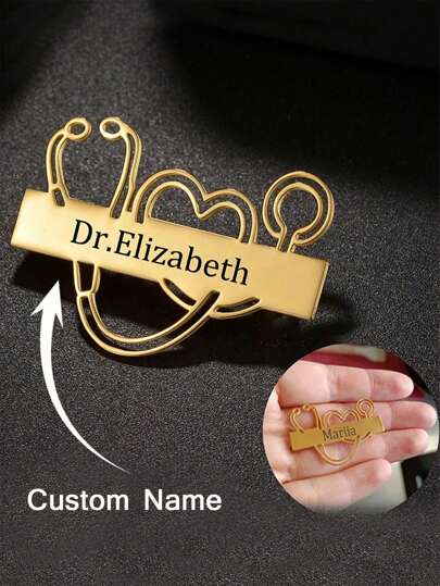 1pc Customized Stethoscope Brooch Stainless Steel Engraved Name Letter Pin Brooch For Women Men Suitable For Nurse Gifts Medical Student Gifts Anniversary Gifts For Her Him