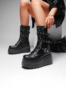 DREAM PAIRS Women's Platform Mid-Calf Boots Cyberpunk Combat Style Multiple Buckle Straps Round Toe Side Zipper Anti-Slip Thick Heel Outdoor Halloween Chunky Heel Music  Festival Party Black Boots - 黑色/PU - 查看 3