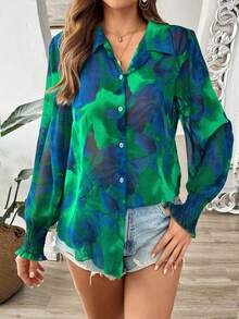 Women's Autumn Chiffon Floral Print Ruffle Sleeve Elegant Blouse - Green - View 6