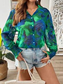 Women's Autumn Chiffon Floral Print Ruffle Sleeve Elegant Blouse - Green - View 5