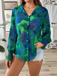 Women's Autumn Chiffon Floral Print Ruffle Sleeve Elegant Blouse - Green - View 2