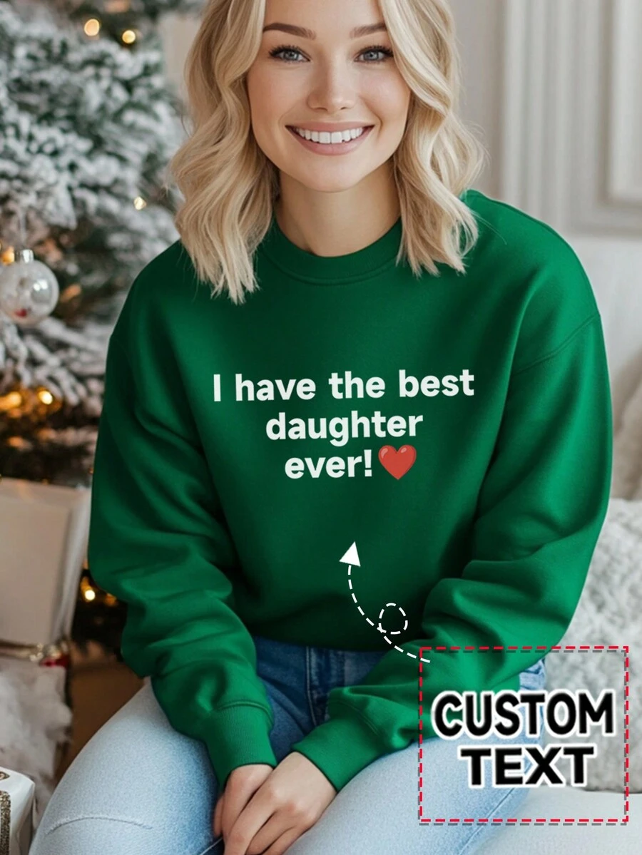 Áo nỉ cổ tròn thời trang dành cho nữ, mùa thu, Giáng sinh, trang phục mùa thu/đông, quà tặng ngày lễ, in chữ/lời chào/tên cá nhân tùy chỉnh ở mặt trước - màu xanh lá - Xem 1