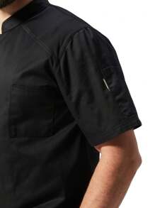 新款设计男士短袖薄款按扣前部透气纯色厨师制服，适用于酒店、烧烤店、咖啡厅、学校和工厂食堂