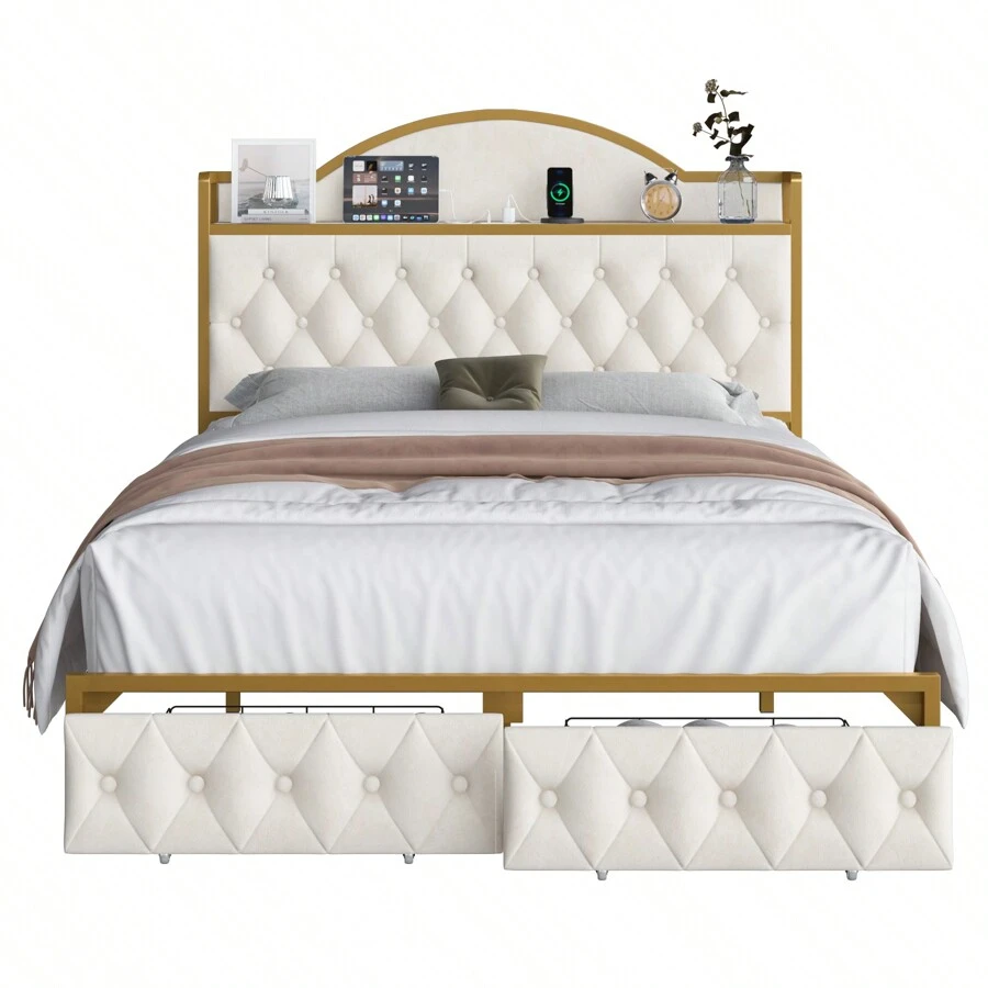 Full/Queen/King Size Bed Frame With Storage Headboard, Charging Station