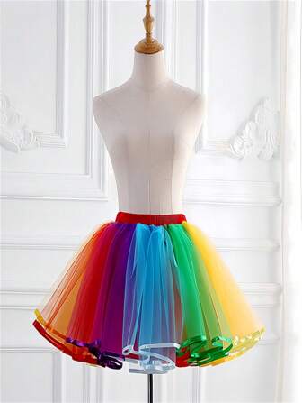 1pc Multi-Color Puff Tulle Lolita Skirt, Ballerina Candy Color Mini Skirt Without Bone