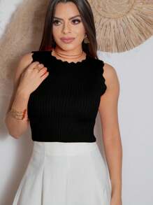 Modal Cropped Ribbed Knit Tank Top - 黑色 - 查看 1