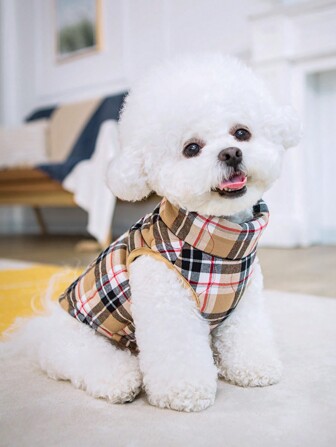 1pc Khaki Flannel Plaid Gourd Quilted Dog Coat With Back Zipper, Washable Pet Jacket Suitable For Large, Medium And Small Dogs, For Home Or Outdoor Wear