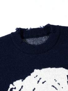ANDREILEEANDREILEE Skull Graphic Distressed Fringe Crew Neck Casual Sweater For Men - Navy Blue - View 3