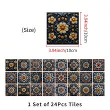 24pcs Mandala Tile Stickers Set, Self-Adhesive Waterproof Removable Wall Decals, Vintage Floral Decor For Bathroom And Kitchen, Artistic Wallpapers For Room Decoration, Plastic Material