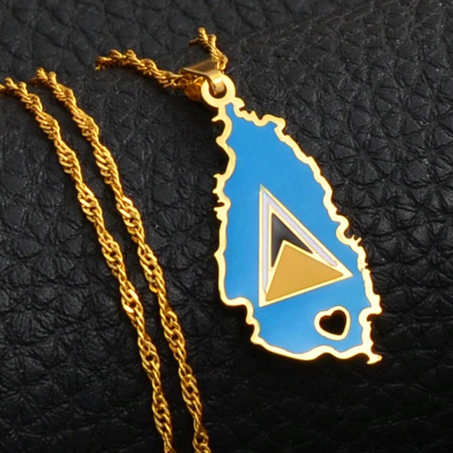 1pc Heart Saint Lucia Map And Flag Necklace For Women Girl Gold Color