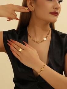 1 套不锈钢和 18K 镀金纯心形项链、手链、耳环、戒指套装 - 高端时尚珠宝、节日/情人节礼物、派对和日常配饰 - 愛心001套裝 - 查看 5