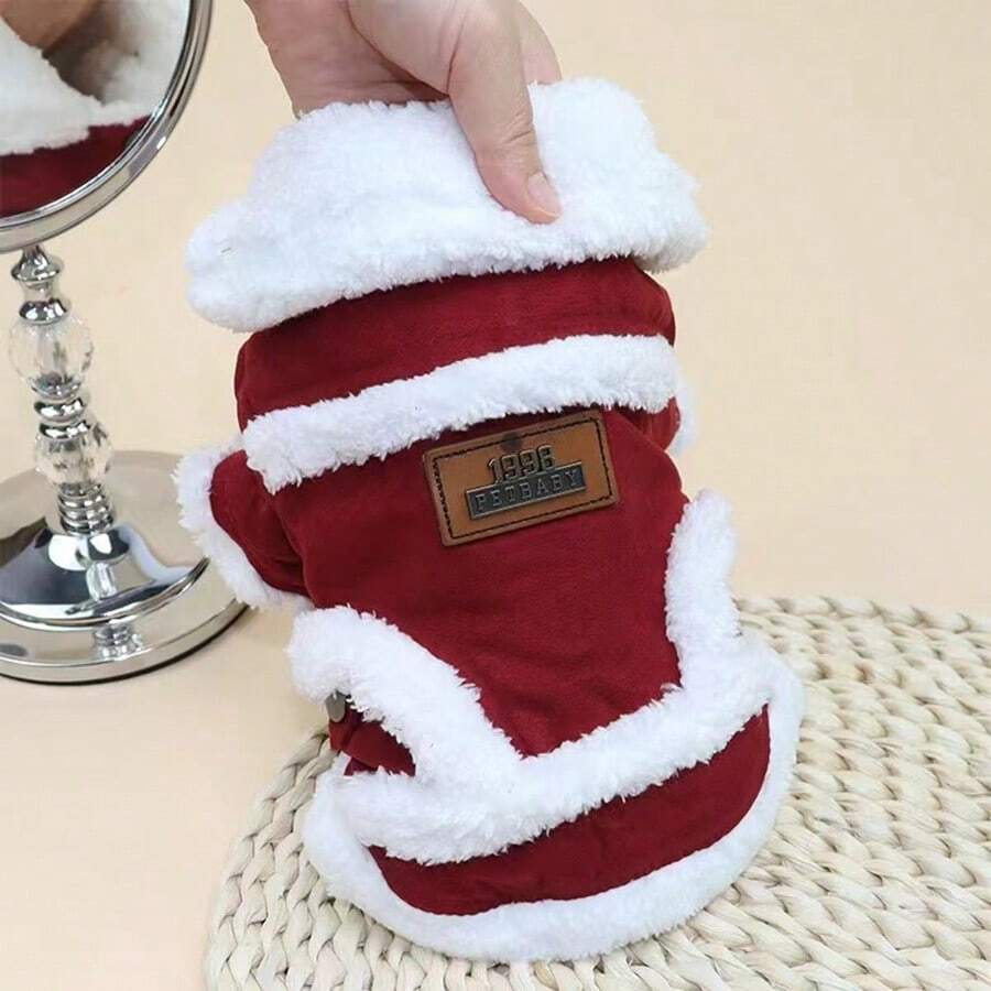 1 pieza Chaleco rojo vino de poliéster de unicolor de felpa, chaqueta de invierno cálida para mascotas pequeñas/medianas