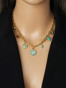 1pc Gold-Plated Stainless Steel Evil Eye & Heart Pendant Necklace, Vintage Valentines - Multicolor - View 5