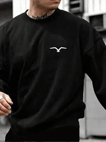 DIFFLAND 男士休闲日常柔软舒适套装，简约海鸥印花，黑色圆领套头卫衣搭配修身运动裤，秋冬款 - 黑色 - 查看 2