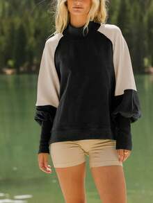 Sweatshirt Wanita Gaya Retro Musim Gugur/Dingin, Model Retro Colorblock Patchwork, Kerah Setengah Tinggi, Atasan Kasual Lengan Panjang Longgar dan Modis yang Menonjolkan Bentuk Tubuh. - Hitam - View 1