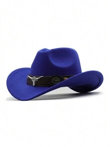 1pc Bull Pattern Casual Bohemian Style Polyester Solid Bowknot Felt Hat, Autumn/Winter Fashionable Unisex Cowboy Hat With Leather & Metal Decor