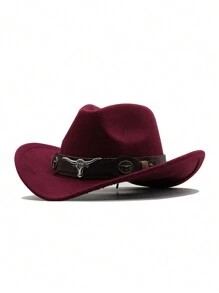 1pc Bull Pattern Casual Bohemian Style Polyester Solid Bowknot Felt Hat, Autumn/Winter Fashionable Unisex Cowboy Hat With Leather & Metal Decor
