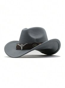 1pc Bull Pattern Casual Bohemian Style Polyester Solid Bowknot Felt Hat, Autumn/Winter Fashionable Unisex Cowboy Hat With Leather & Metal Decor