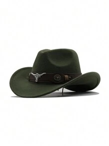 1pc Bull Pattern Casual Bohemian Style Polyester Solid Bowknot Felt Hat, Autumn/Winter Fashionable Unisex Cowboy Hat With Leather & Metal Decor