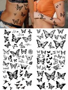 STARTTOOS Black Dynamic Butterfly & Floral Pattern Temporary Tattoo Stickers, Suitable For Fingers, Ears, Shoulders, Neck, Collarbone, Etc., DIY Daily Party Holiday Gift, Waterproof Realistic Tattoo Stickers - Black - View 1