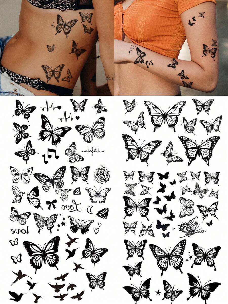 STARTTOOS Black Dynamic Butterfly & Floral Pattern Temporary Tattoo Stickers, Suitable For Fingers, Ears, Shoulders, Neck, Collarbone, Etc., DIY Daily Party Holiday Gift, Waterproof Realistic Tattoo Stickers - Black - View 1