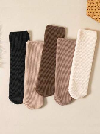 5 双纯色毛绒内衬中筒袜，简约保暖男女通用雪地筒袜，适合秋冬季，女士长袜和袜子，秋季