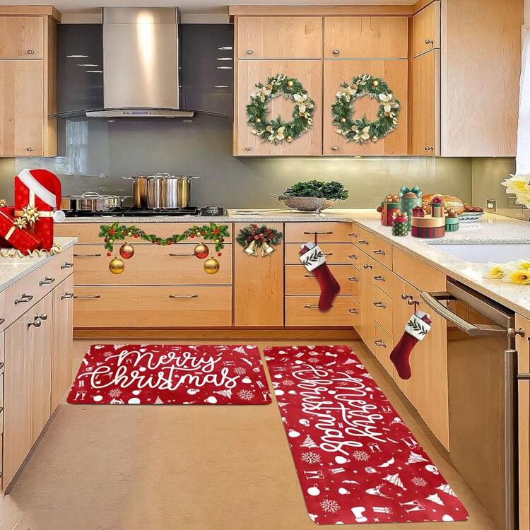 1/2pcs Thickened 0.47 Inch/1.2cm Merry Christmas Kitchen Mat - Non Slip, Stain Resistant, Waterproof, Long Strip Floor Mat For Comfort Standing - Perfect For Living Room, Bedroom, Bathroom, Kitchen Sink, Laundry, Office Area Rugs And Room Decor - Multicolor - View 6