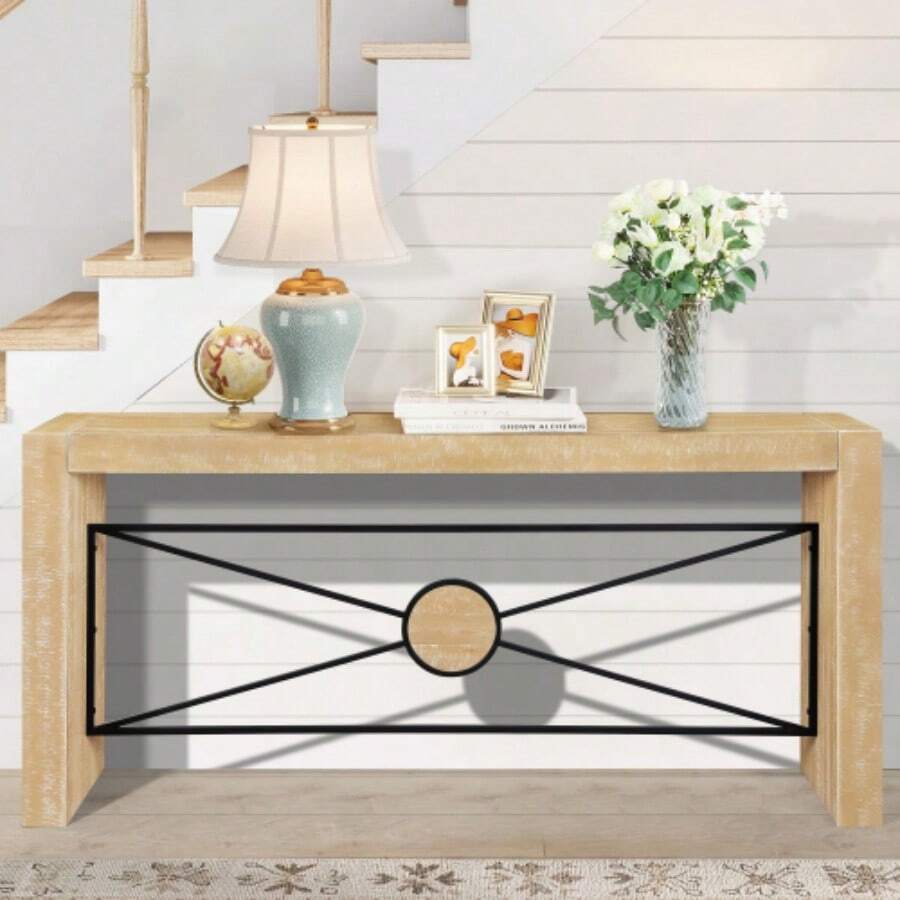 Retro Wood Console Table, 64 Inch Long Sofa Table Behind Couch