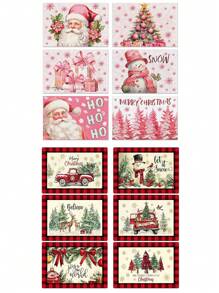 6 件圣诞亚麻餐垫，耐热矩形餐桌装饰垫，圣诞家居氛围装饰摆件，用于冬季用餐和圣诞节、新年节日装饰 - 彩色 - 查看 11